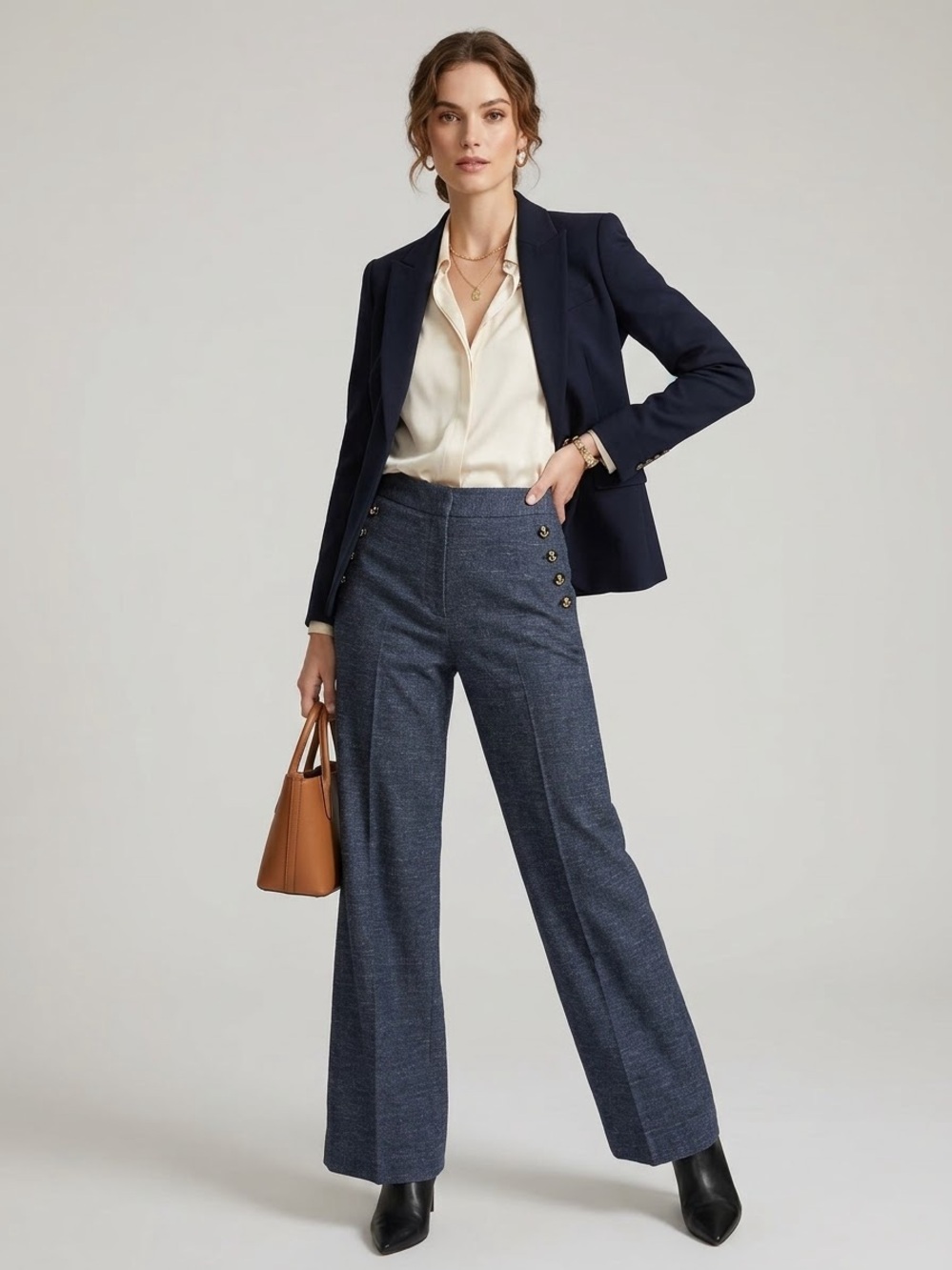 Veronica Bear Tuli High Waist Sailor Pants Wide Leg Navy Tweed Wool Blend Sz 12